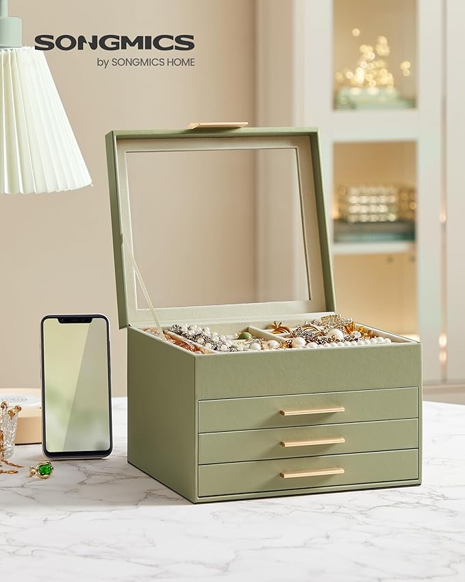 SONGMICS Jewelry Box Organizer with Glass Lid, 4-Layer Jewelry Storage, with 3 Drawers, Modern Style, 8 x 9.1 x 6.5 Inches, Laurel Green and Gold Color UJBC173C02