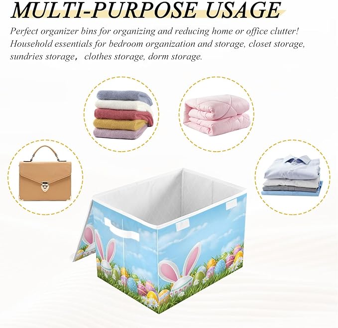 Bolaz Easter Bunny Ear Egg Storage Bins with Lids and Handles, Storage Box Basket with Cover Collapsible Organizer Containers for Home Closet, Shelves