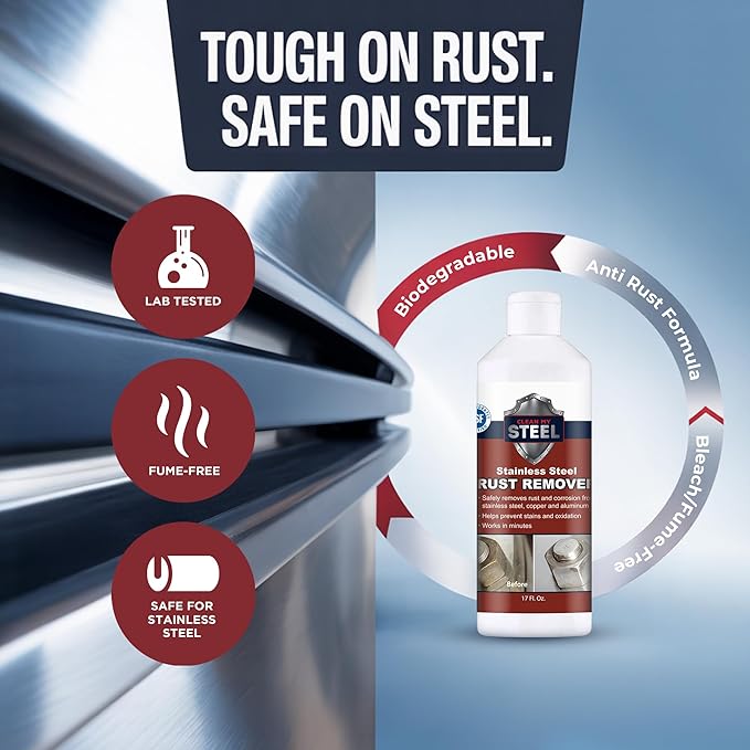 Stainless Steel Rust Stain Remover & Cleaner, NSF Approved Safe for Food Areas. Non-Toxic Stainless Steel Cleaner for Appliances is Perfect for Commercial Use, Your Fridge, Best Knife, Pan (17 oz)