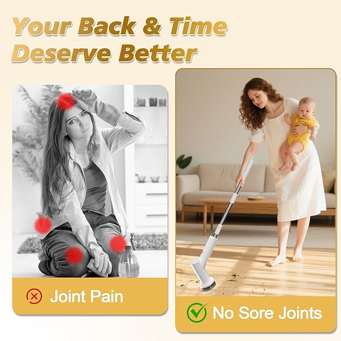 Electric Spin Scrubber, 2600mAh Battery with Extra-Long Runtime, 10 Brush Heads, IPX7 Waterproof Power Shower Scrubber with Long Handle, 2 Speeds Cordless Cleaning Brush for Bathroom Bathtub