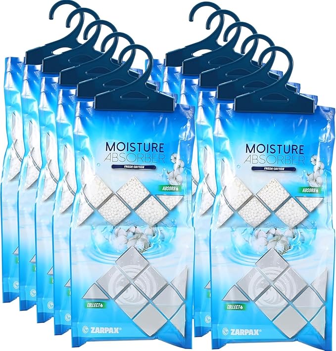 ZARPAX Hanging Moisture Absorber Fresh Cotton 10.6 oz/300g | Moisture Absorbing Bags for Bathroom, Closet, Kitchen & Vehicles | Removes Moisture, Humidity & Odors | Portable Dehumidifier | Set Of 10