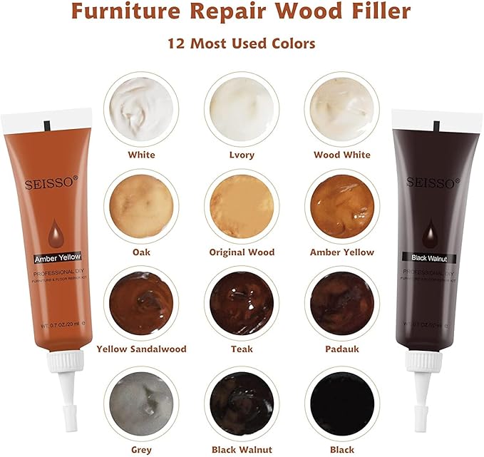 SEISSO Wood Repair Kit Touch up Paint Restore Any Wooden Furniture Stain, 12 Colors Cover Surface Scratch for Wooden Floor Table, Filler Furniture Paint Oak, Cabinet, Door, Veneer, Walnut