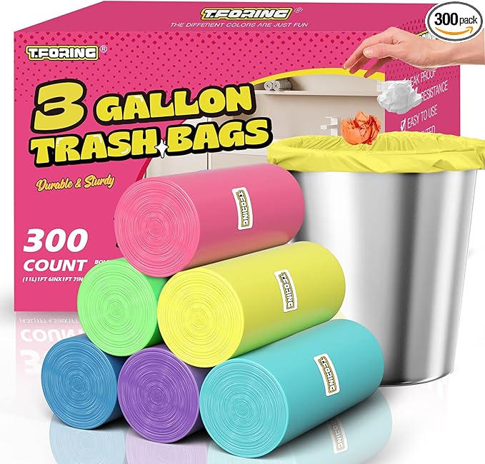 T.FORING 300 Count 3 Gallon Trash Bags - 12 Liter Colored Small Garbage Bags Unscented Wastebasket Liners Heavy Duty & Leakproof Mini Can Liners for Bathroom Toilet Home Office