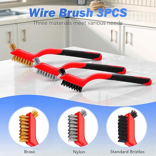 Wire Brush Set, 3 Pcs Stainless Steel/Brass/Nylon Wire Brushes for Cleaning with Curved Handle Grip for Rust Removal, Dirt, Paint Scrubbing(Red)