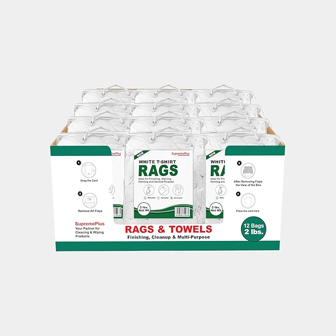 Premium White T-Shirt Cleaning Rags (2 lbs. Bag - Pack of 12) – White Cotton Rags for Cleaning, Staining, Painting, Oil, Grease & Dust Removal – Shop Rags Bulk for Multipurpose use