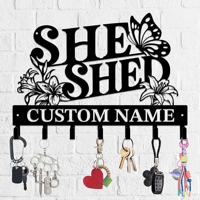Personalized She Shed Metal Keys Hooks,Custom Name Metal She Shed Keys Hooks,Black Metal She Shed Wall Home Storage Decorative Keys Hooks,Key Holder Hooks for Wall (Style B)
