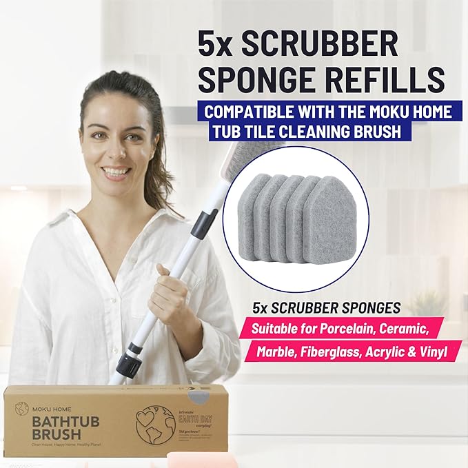 Moku Home Replacement Scrubber Refill for Moku Home Extendable Tub Tile Shower Brush for Cleaning Non-Scratch (5X Scrubber Sponge Gray)