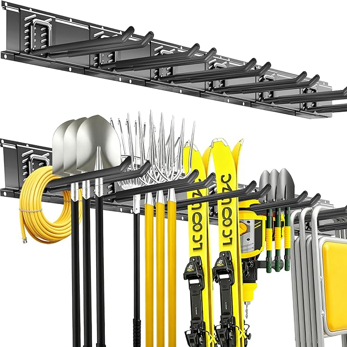 CRXCRC Garage Tool Organizer Wall Mount, 48inch Heavy Duty Garden Tool organizer Storage System, Easy Install With 6 Adjustable Straight Hooks, For Garage, Basement, Shed, Workshop(Black)