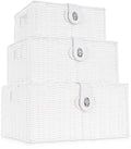 Set of 3 Woven Wicker Storage Basket Box with Lid & Lock, Built-in Carry Handles, Multifunctional Storage Organiser for Nursery, Baby, Clothes, Toys, Books, Large/Medium/Small Size (White)