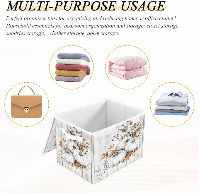 Bolaz Storage Bins with Lids and Handles,White Pumpkin Wood Storage Box Basket with Cover Collapsible Organizer Containers for Home Closet, Shelves