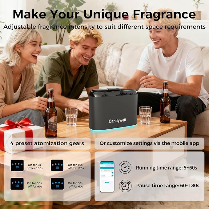 Dual-Scent Waterless Essential Oil Diffuser, Cold Air Diffuser for Home & Commercial Use, 1000 Sq Ft Coverage, APP Control, Quiet Operation, Night Light, Pet & Kid Friendly, Anti-Tilt Alarm