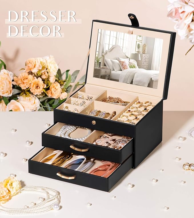 Black Jewelry Box Organizer: Home Decor for Women - 2-Drawer Holder for Valentine’s Day Birthday Gift Black Grey-Blue