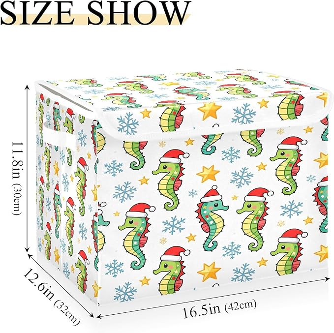 Christmas Seahorse with Santa Hat Storage Bins with Lids Foldable Storage Basket with Handles Collapsible Large Fabric Organizer Containers for Clothes Shelves Closet Office Home