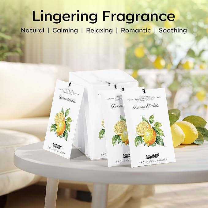 MYARO 12 Packs Lemon Scented Sachets for Drawer and Closet - Long Lasting Bathroom Odor Deodorizer Fresh Scents Car Air Refrehener Home Fragrance
