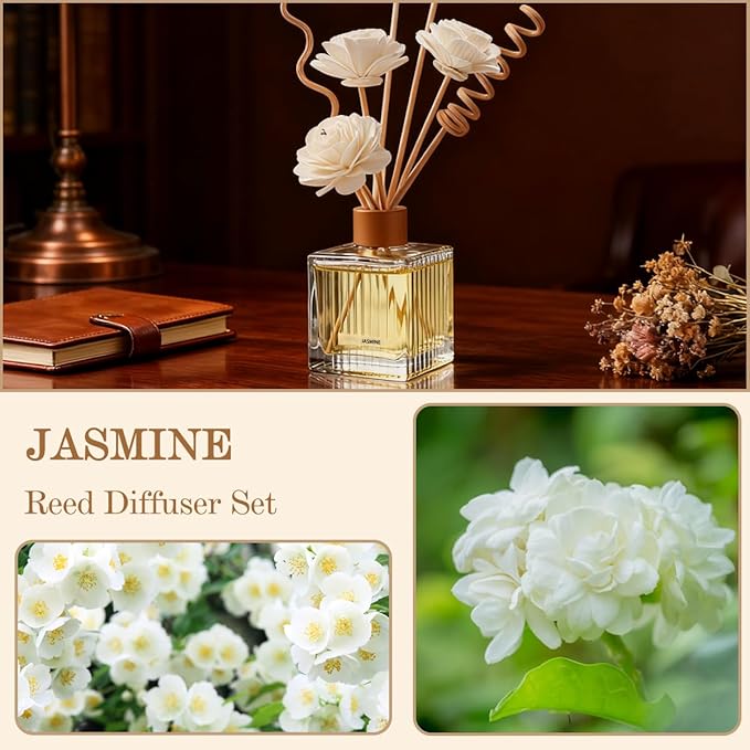 Jasmine Reed Diffuser Set - 6.7 oz Glass Bottle with 4 Rattan Sticks, 3 Dried Flowers | Adjustable, Long-Lasting Scent for Home, Bedroom, Living Room, Office, Bathroom | Aromatherapy Gift Set