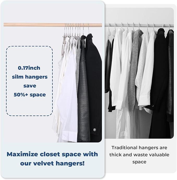 Limogoo Grey Velvet Hangers 50 Pack, Felt Covered Non Slip Fabric with Stackable Cascading Hook, Ultra Thin and Space Saving with 360° Swivel Neck, 15Lbs Capacity for Clothes, Suit, Shirt, Coat