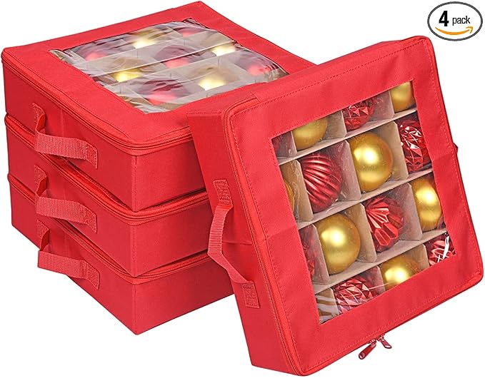 ProPik 4 Pcs Christmas Ornament Storage Boxes with Dividers | 4 Individual Trays Hold 64 Holiday Decoration Balls | Durable Ornaments Organizer Storage Box | Zippered Closure with Handles (Red)