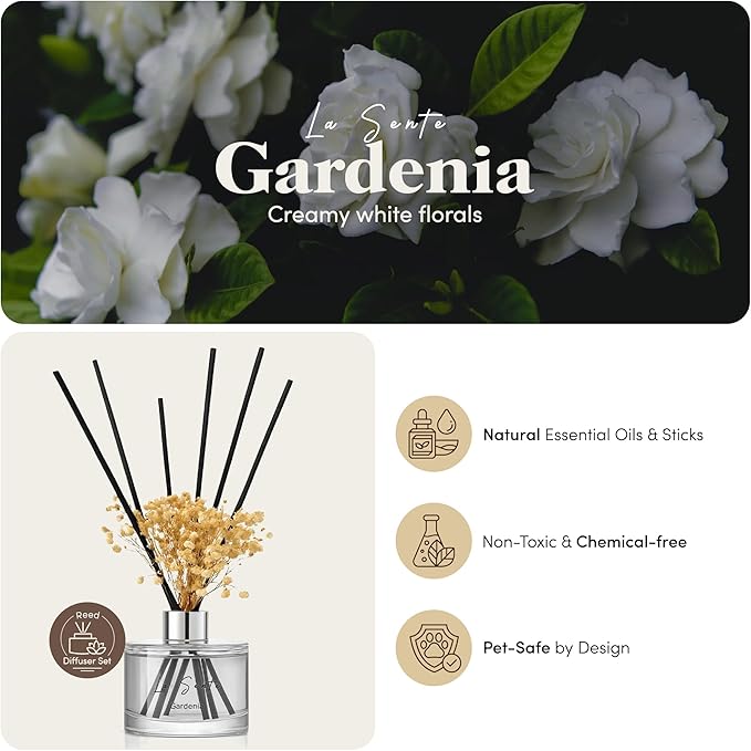 Reed Diffuser Set (6.7fl oz), Natural Gardenia Essential Oil Fragrance with Glass Bottle, Black Rattan Sticks & Preserved Flowers, Up to 120 Days Lasting Fragrance for Home & Office