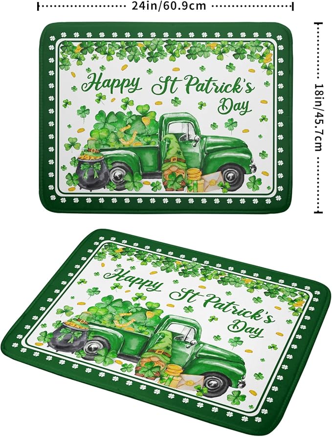 Shamrock Gnome Truck Dish Drying Mat Lucky Clover Dish Drainer Mat 18x24 inch Absorbent Fast Dry Pad for Kitchen Counter Coffee Bar Decor