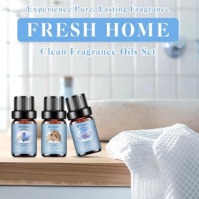 Clean Essential Oils Set, Laundry Collection Essential Oils Set, Pack of 6 Fragrance Oil for Diffuser for Home, Use with Wool Dryer Balls Scents - Fresh Linen, Clean Breeze, Eucalyptus and Cotton