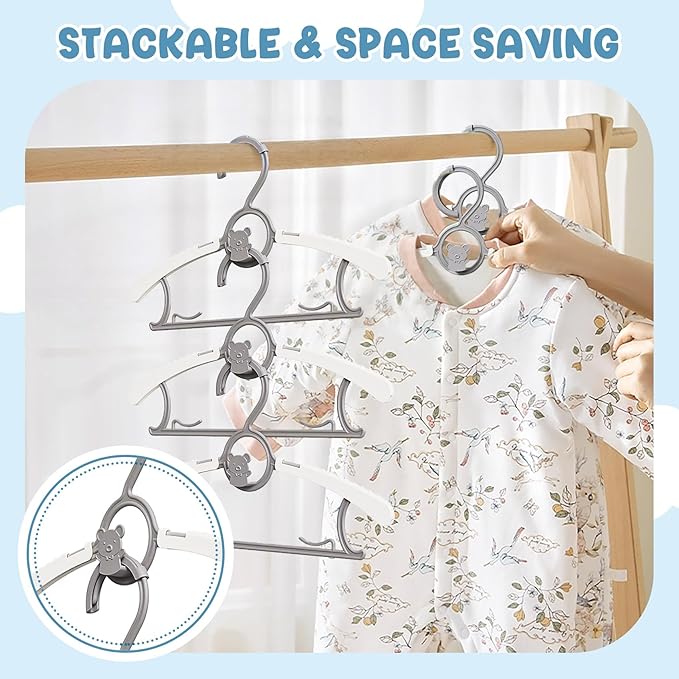 50 Pack Baby Hangers for Nursery Closet, Adjustable Non-Slip Kids Hangers with Windproof Buckle, 11-14" Infant Child Plastic Clothes Pants Toddler Hanger for Boys Girls Newborn Adult, Grey