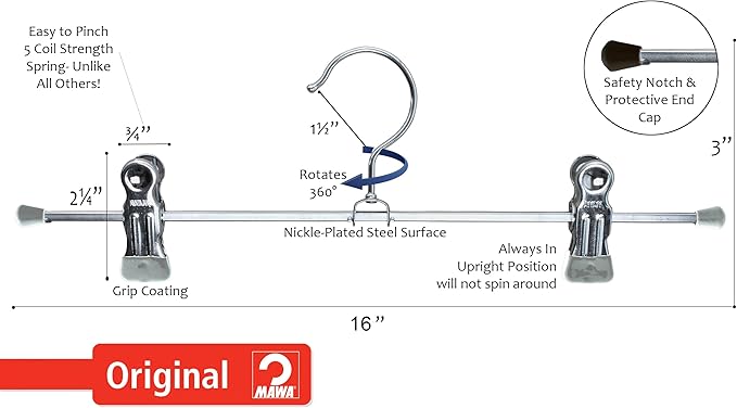 Mawa by Reston Lloyd Non-Slip Space-Saving Clothes Hanger For Pants & Skirts with Two Clips, Style K/40D, Set of 10, 15 3/4"L, Silver