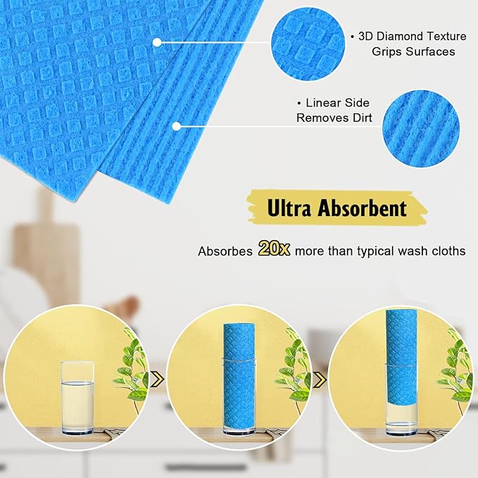 MoLKENE Swedish Dishcloths - 10 Pack Reusable Kitchen Dishcloths - Ultra Absorbent Dish Towels for Washing Dishes - Cellulose Sponge Cloth Cleaning Cloths - Blue