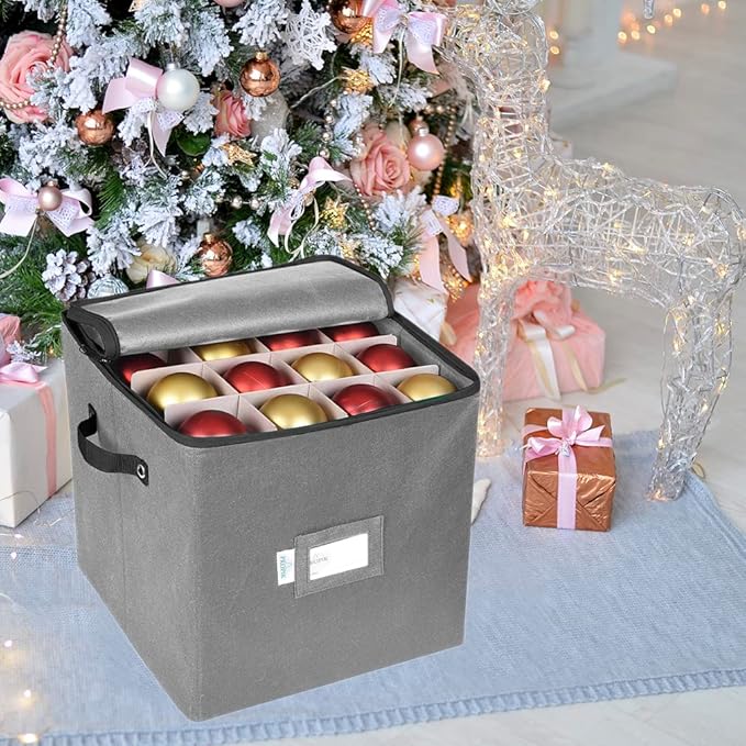 ProPik Christmas Ornament Storage Box, 4 Tier Holds Up to 64 Holiday Ornaments Decoration Balls, Storage Container with Dividers for 3” Bulbs, Made with Durable Oxford Polyester Material (Gray)