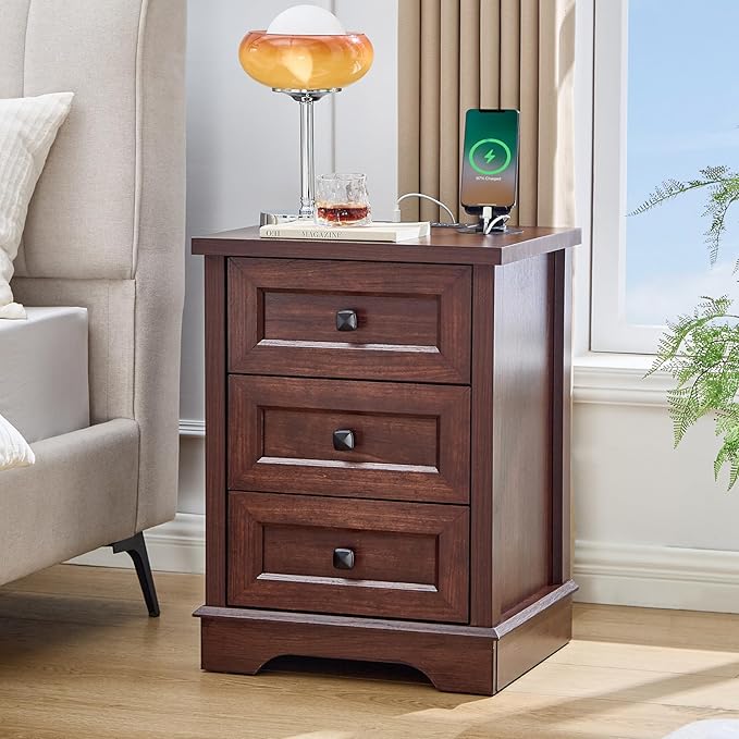 LIDYUK 3-Drawer Cherry Wood Dresser for Bedroom Farmhouse Dresser Chest of Drawers, 25" Tall Nightstand with Charging Station Chest of Drawers for Bedroom, Living Room