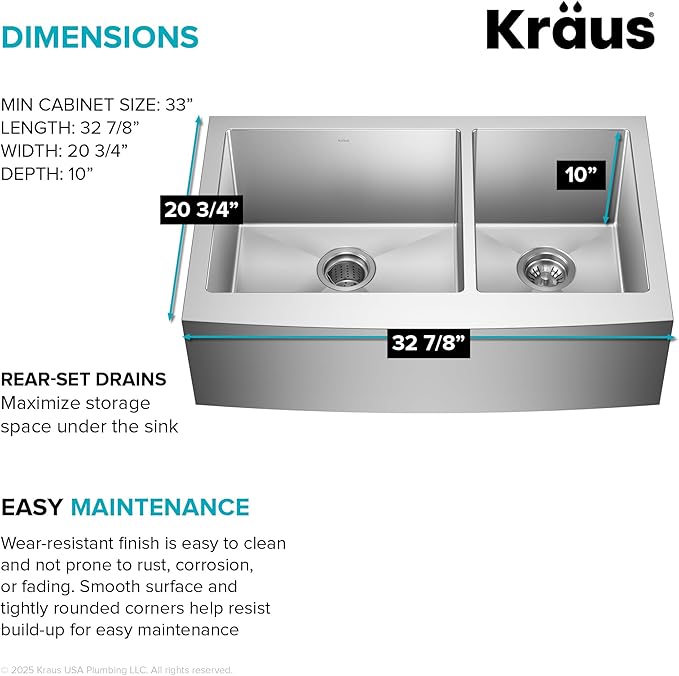KRAUS Standart Pro 33-Inch Apron Front Farmhouse 16-Gauge 60/40 Double Bowl Stainless Steel Kitchen Sink, KHF203-33