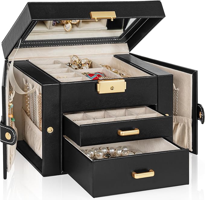TORIBIO Jewelry Box for Women, Leather Jewelry Organizer with Mirror & Lock, 3-Tier Jewelry Storage Organizer with 2 Drawers for Girls/Women/Mothers, Necklace Earring Bracelets Holder Organizer