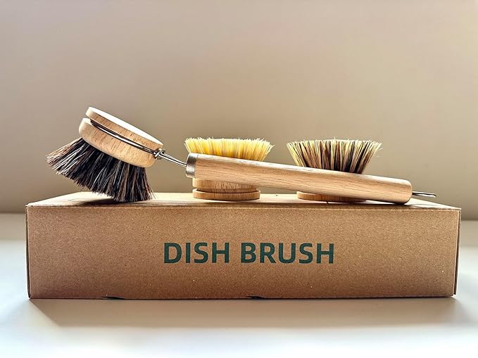 SUPRNN Bamboo Dish Brush with Handle, 1 Sturdy Wooden Handle with 3 Natural Bristle Heads, Horsehair, Sisal, Palm - All Purpose Kitchen Scrubber, Bamboo Wok Brush, Fruit and Veggie Scrubber