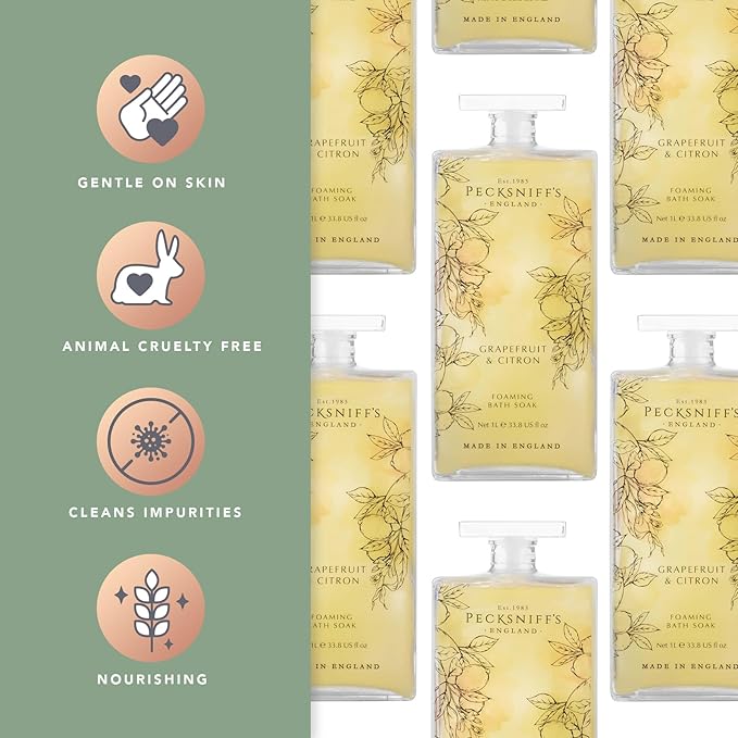 Pecksniff’s Grapefruit & Citron Foaming Bath Soak – Luxury Bubble Bath, 1L / 33.8 fl oz, Made in England