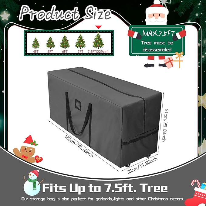 7.5 Ft Heavy Duty Christmas Tree Storage Bag 900d Oxford Fabric with Wheels and Reinforced Handles, Durable Xmas Storage Box for Disassembled Holiday Tree (7.5 ft,Grey)
