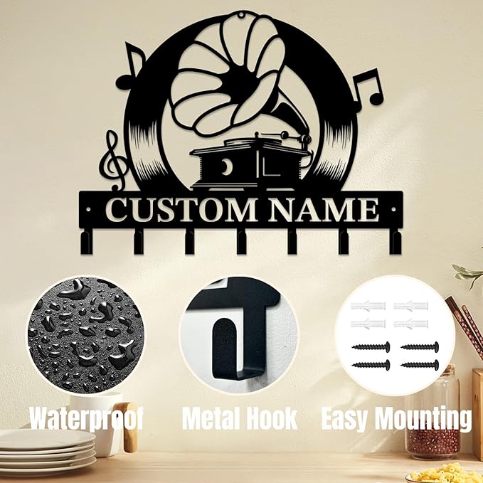 Personalized Custom Music Wall Hooks,Metal Music Room Art Clothes Hooks,Metal Music Wall Home Storage Decorative,For Front Door, Hallway, Kitchen, Bedroom,Keys,Hats (Style B)