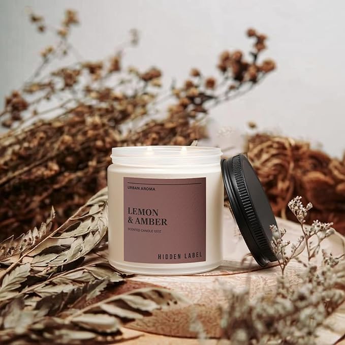 Hidden Label Lemon Amber Scented Candle, 12oz 2 Wick Natural Soy Non Toxic Candles, Clean Burning Long Lasting Aromatherapy for Home | Gifts | Décor,Premium Scents for Relaxation & Stress Relief