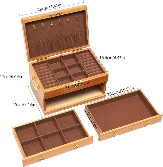 3-Layer Jewelry Box Organizer with Lock and Hooks, Wooden Jewelry Boxes Holder with 2 Drawers,Jewelry Storage & Organizers for Rings, Earrings, Bracelets, Necklaces,Christmas New Year Gifts