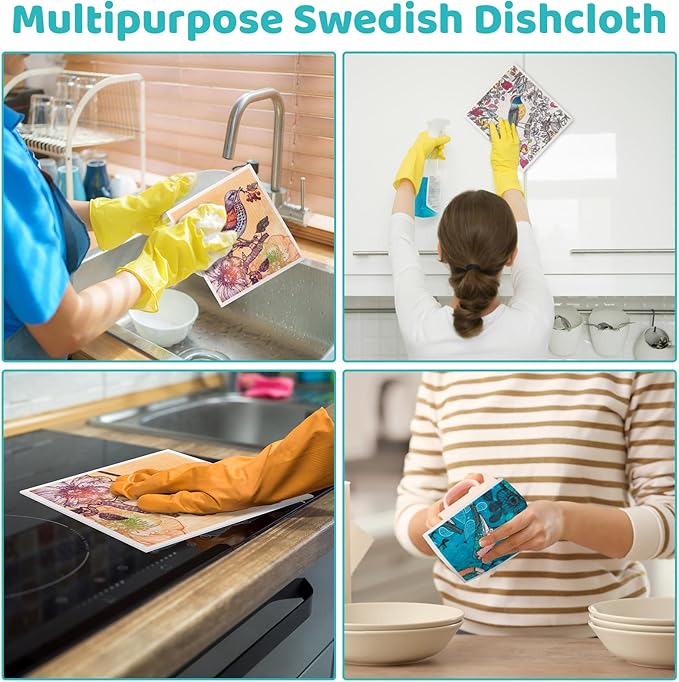 6 Pack Swedish Dishcloths for Kitchen, Swedish Rags Absorbent Retro Bird Dish Cloths Dish Towels with Adhesive Clips, Reusable Paper Towels No Odor for Cleaning Kitchen Valentines Gifts for Women