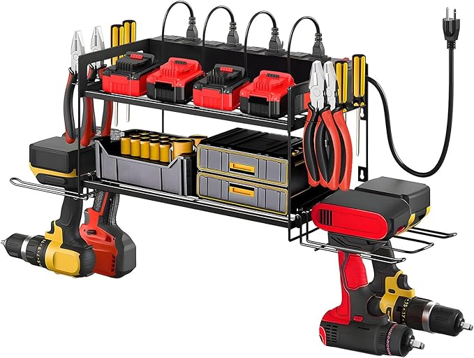 Power Tool Organizer Wall Mount, 2 Layers Heavy Duty 4 Cordless Drill Holder Tool Storage Rack with 8 Power Strip Battery Charging Station,Pliers Screwdrivers Organizer for Garage, Workshop,Tool Room