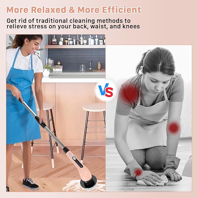 Electric Spin Scrubber, Cordless Cleaning Brush, Shower Scrubber with 7 Replaceable Brush, 2 Speeds and Adjustable Extension Handle for Bathroom Shower Bathtub Glass Car(Pink)