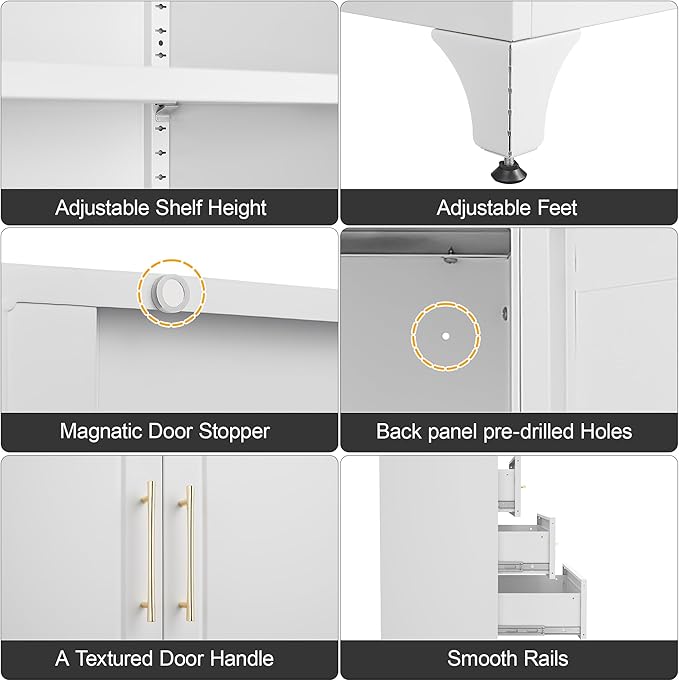 Metal Storage Cabinet with Doors and Shelves, 90" Tall Kitchen Pantry Storage Cabinets with 3 Drawer, White Pantry Closet, Steel Large Cupboard, High Leveling Feet- Assembly Required