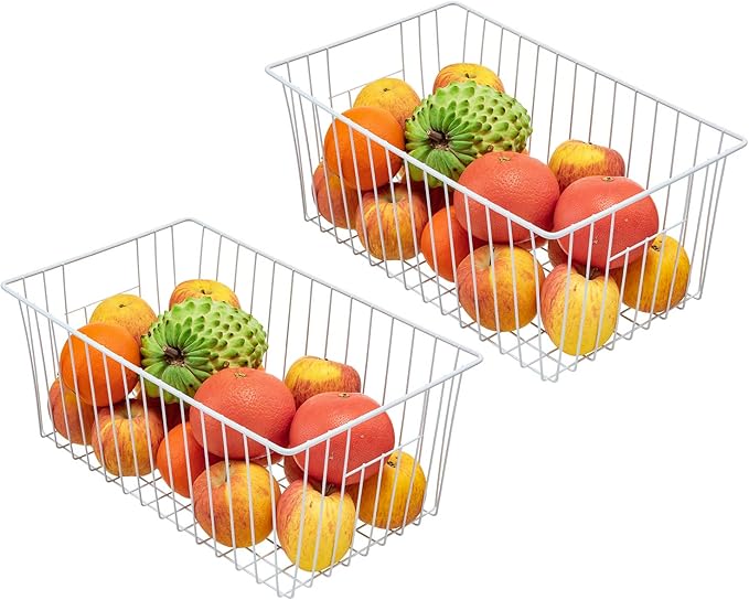 Nprohuge Upright Freezer Organizer Bins， Freezer Baskets for 16, 17, 21 cu.ft Standup Freezer, Wire Storage Baskets with Built-in Handles, 4Pcs , White