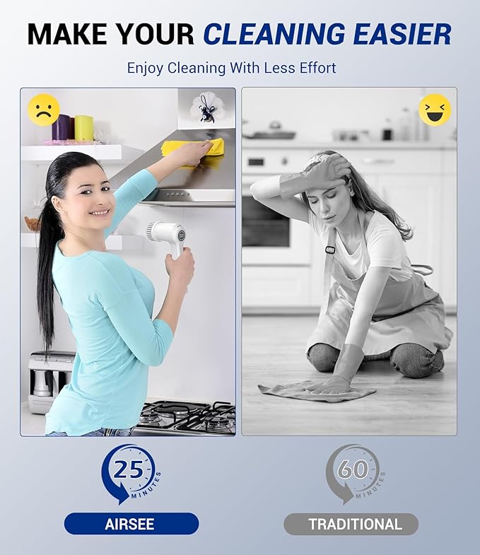 AIRSEE Cordless Electric Spin Scrubber, Handheld Power Shower Cleaner Brush, 2 speeds, 6 Replaceable Brush Heads for Cleaning Floor, Window, Bathroom, Kitchen, for Elderly & Busy Family