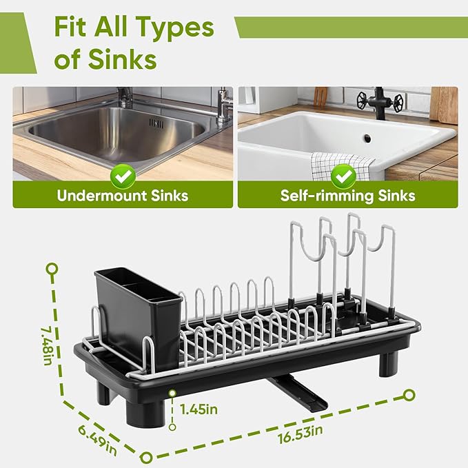 VUSIGN Small Dish Drying Rack with Drain, Compact Dish Rack, Slim Dish Drainers for Kitchen Counter, Extendable Spout Strainers with Removable Utensil Holder, Space Saving, Black
