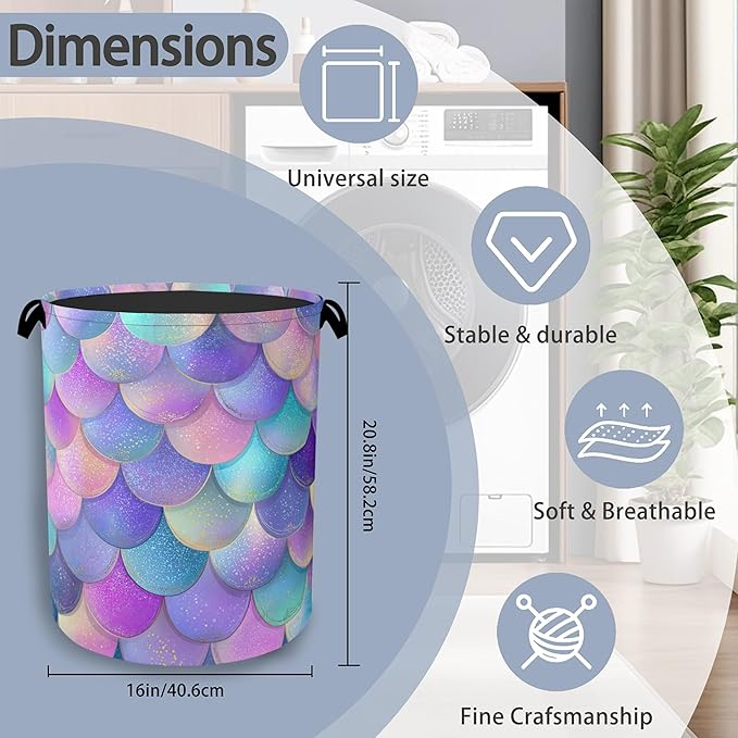 Glitter Fish Scales Laundry Hamper,Mermaids Dirty Clothes Laundry Basket with Handles Waterproof Oxford Cloth Storage Basket for College Dorms Bathroom Bedroom 16" x 20.8"