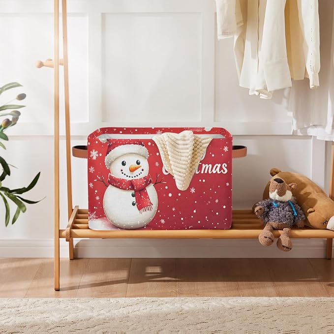 Storage Baskets Bin, Christmas Winter Snowman Collapsible Canvas Fabric Storage Bin Decorative Baskets Toy Organizer Rectangle Storage Boxes with Handles for Home Shelves Nursery, J-015
