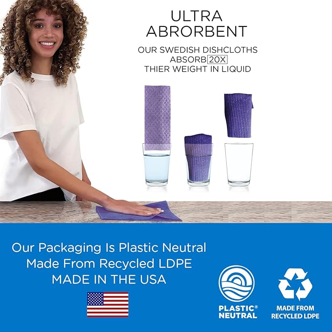 LOLA Swedish Dishcloths for Kitchen 20 Sheets, Biodegradable & Compostable Reusable Paper Towel Cleaning Cloths Zero Waste No Odor Washing Dishes Ultra Absorbent Cellulose Sponge Towel Made in Germany