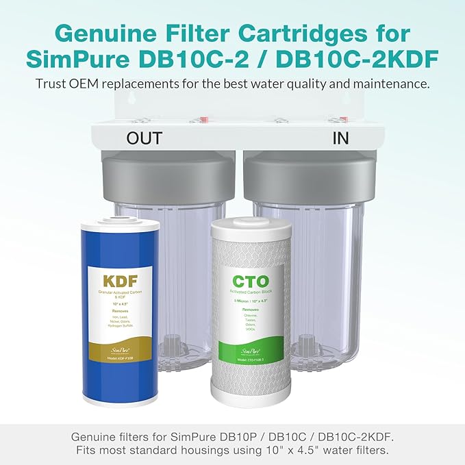 SimPure Whole House Water Filter Cartridges 5 Micron 10" x 4.5" CTO+GAC/KDF 2-Stage Carbon and Heavy Metal Filter Set, for DB10C-2KDF, DB10P, WGB21B-KS, FC15B, FG15B-KS, 1 Set