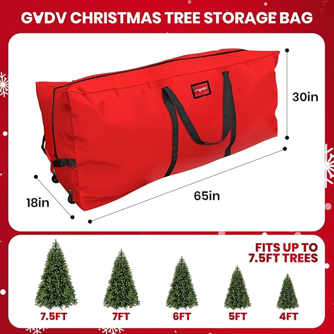 GVDV Rolling Christmas Tree Storage Bag Fits 7.5 Ft Artificial Trees, 600D Oxford Waterproof Heavy Duty Canvas, Large Holiday Xmas Box Container with Wheels, Reinforced Handles & ID Slot, Red