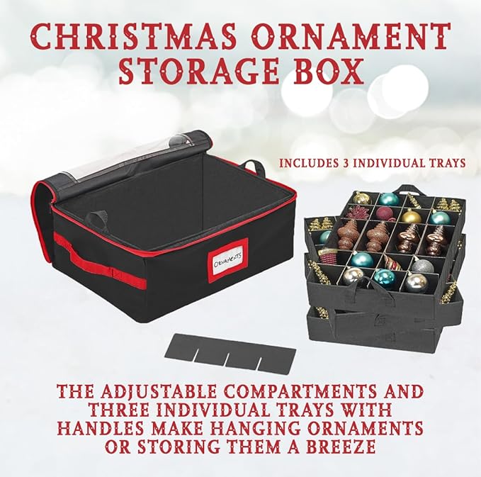 HOLDN’ STORAGE Christmas Ornament Storage Box with Dividers - Fits 72-3” Ornaments, 3 Removable Trays, Durable & Space-Saving, Clear Top Lid, Convenient Storage Designed, Black